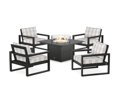 POLYWOOD® EDGE Sectional 5-Piece Deep Seating Set with Fire Pit Table in Black / Buffalo Plaid Dune Burlap
