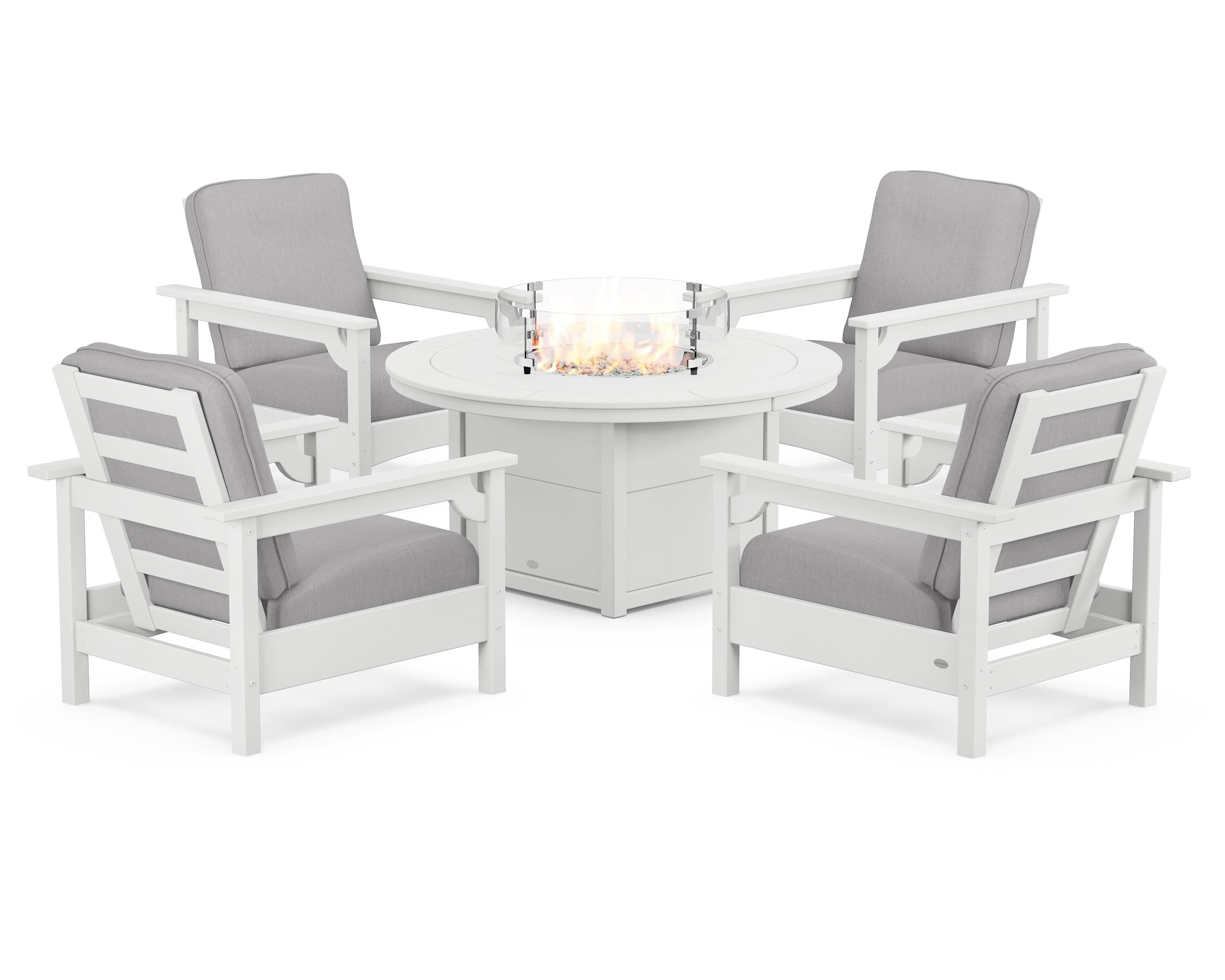 POLYWOOD® Club 5-Piece Conversation Set with Fire Pit Table in White / Granite