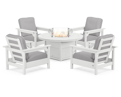 POLYWOOD® Club 5-Piece Conversation Set with Fire Pit Table in White / Granite