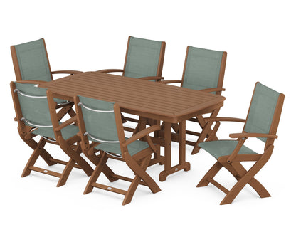 POLYWOOD® Coastal Folding Arm Chair 7-Piece Dining Set in Teak / Dupioni Sea Mist Sling