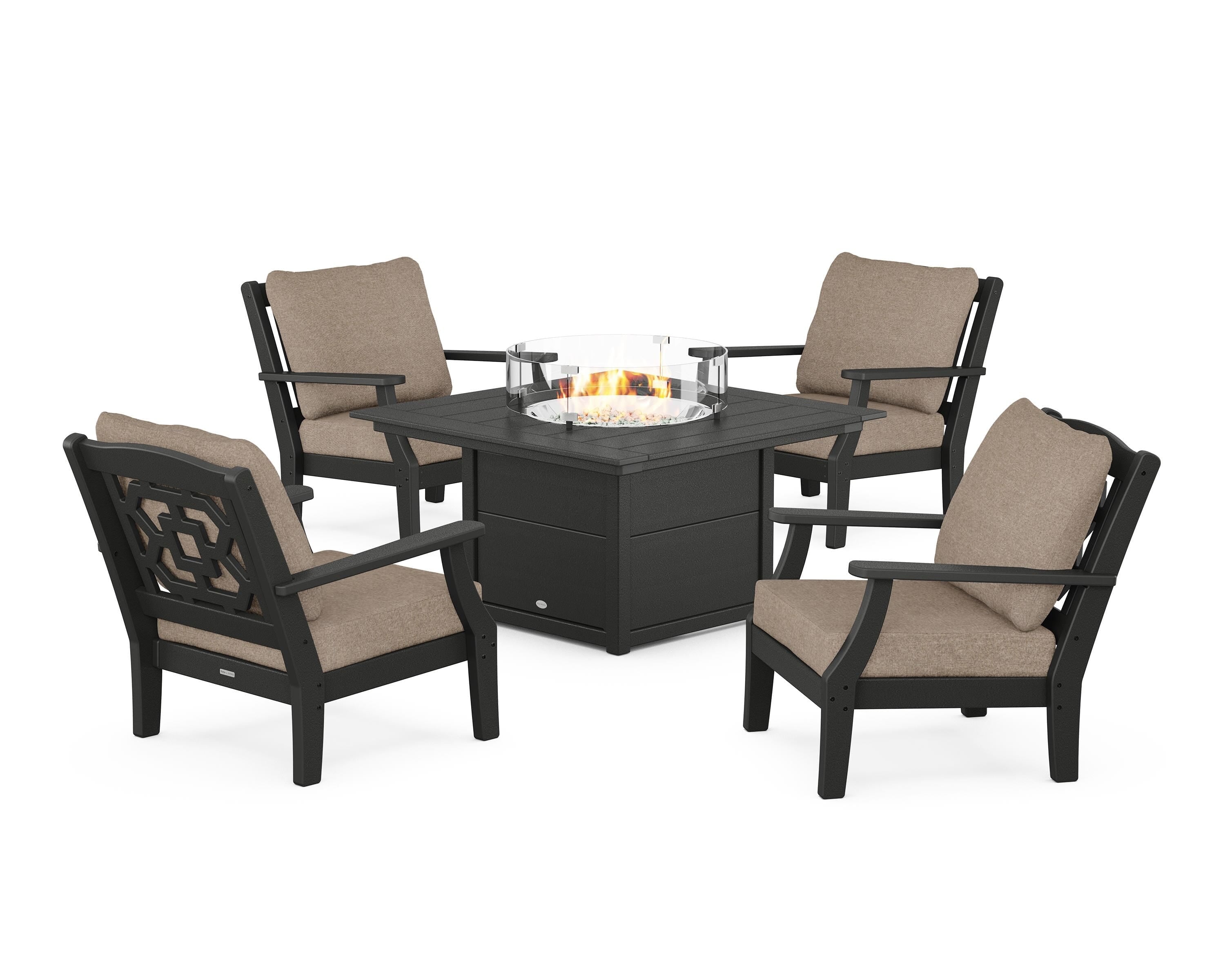 Martha Stewart by POLYWOOD® Chinoiserie 5-Piece Deep Seating Set with Fire Pit Table in Black / Spiced Burlap