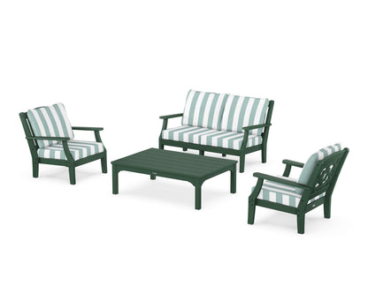 Martha Stewart by POLYWOOD® Chinoiserie 4-Piece Deep Seating Set with Loveseat in Green / Cabana Stripe Glacier Spa