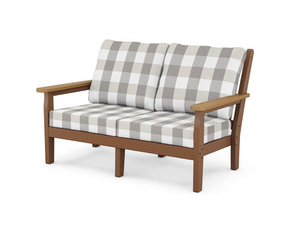 POLYWOOD® Chippendale Deep Seating Loveseat in Teak / Natural / Buffalo Plaid Grey Mist