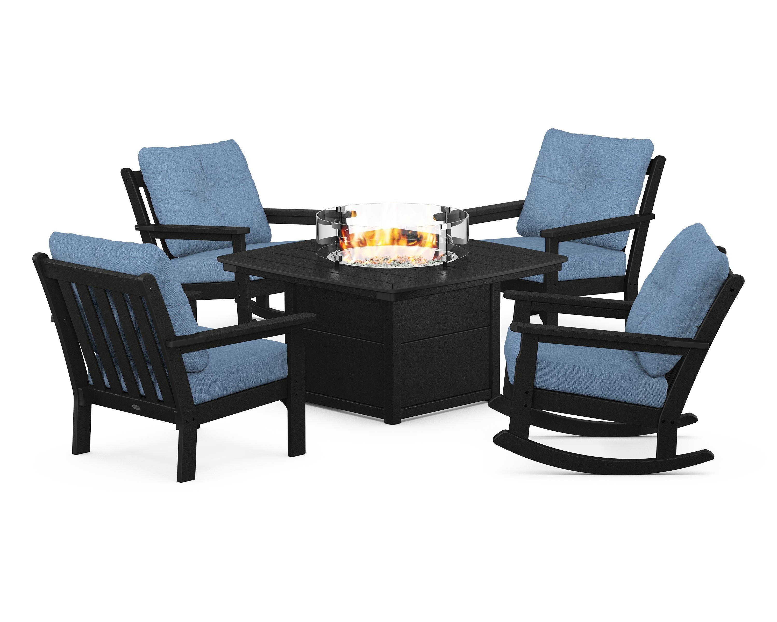 POLYWOOD® Vineyard 5-Piece Deep Seating Rocking Chair Conversation Set with Fire Pit Table in Black / Sky Blue