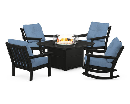 POLYWOOD® Vineyard 5-Piece Deep Seating Rocking Chair Conversation Set with Fire Pit Table in Black / Sky Blue