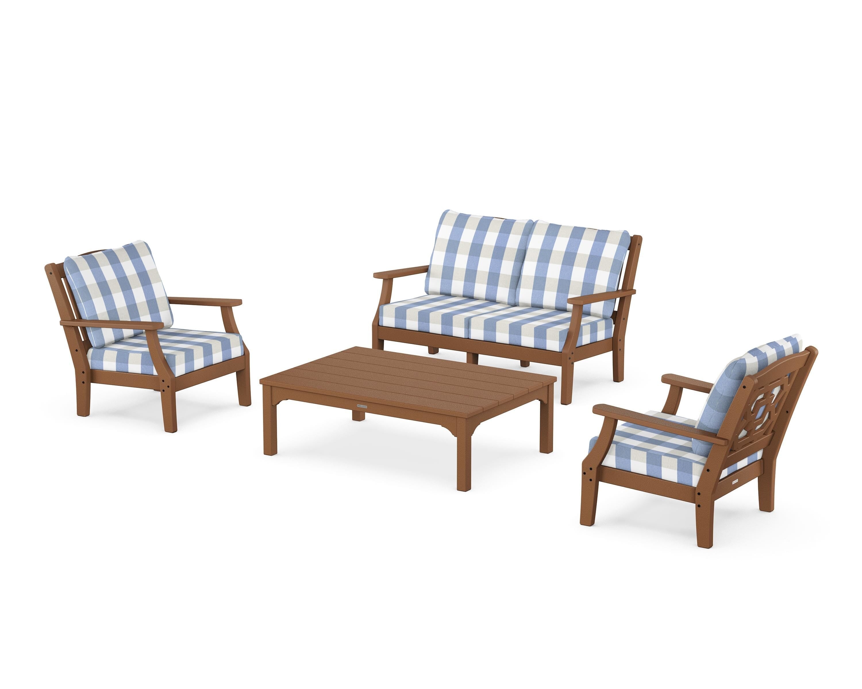 Martha Stewart by POLYWOOD® Chinoiserie 4-Piece Deep Seating Set with Loveseat in Teak / Buffalo Plaid Sky Blue