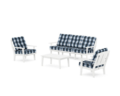 POLYWOOD® Mission 4-Piece Deep Seating Set with Sofa in White / Buffalo Plaid Marine Indigo