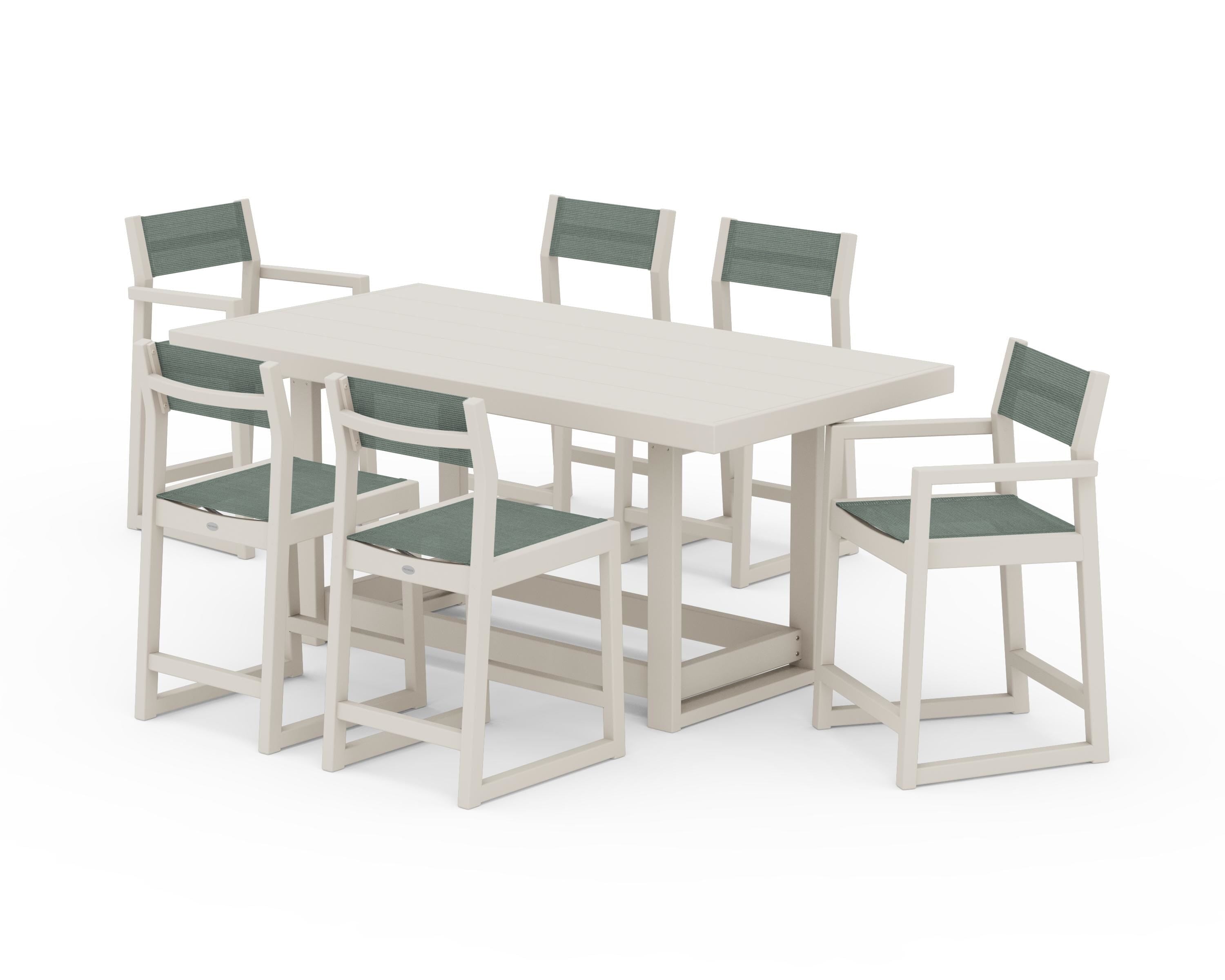 POLYWOOD® EDGE Sling 7-Piece Counter Table Set in Sand / Dupioni Sea Mist Sling