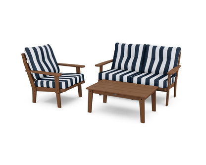 POLYWOOD® Lakeside 3-Piece Deep Seating Set in Teak / Cabana Stripe Marine Indigo