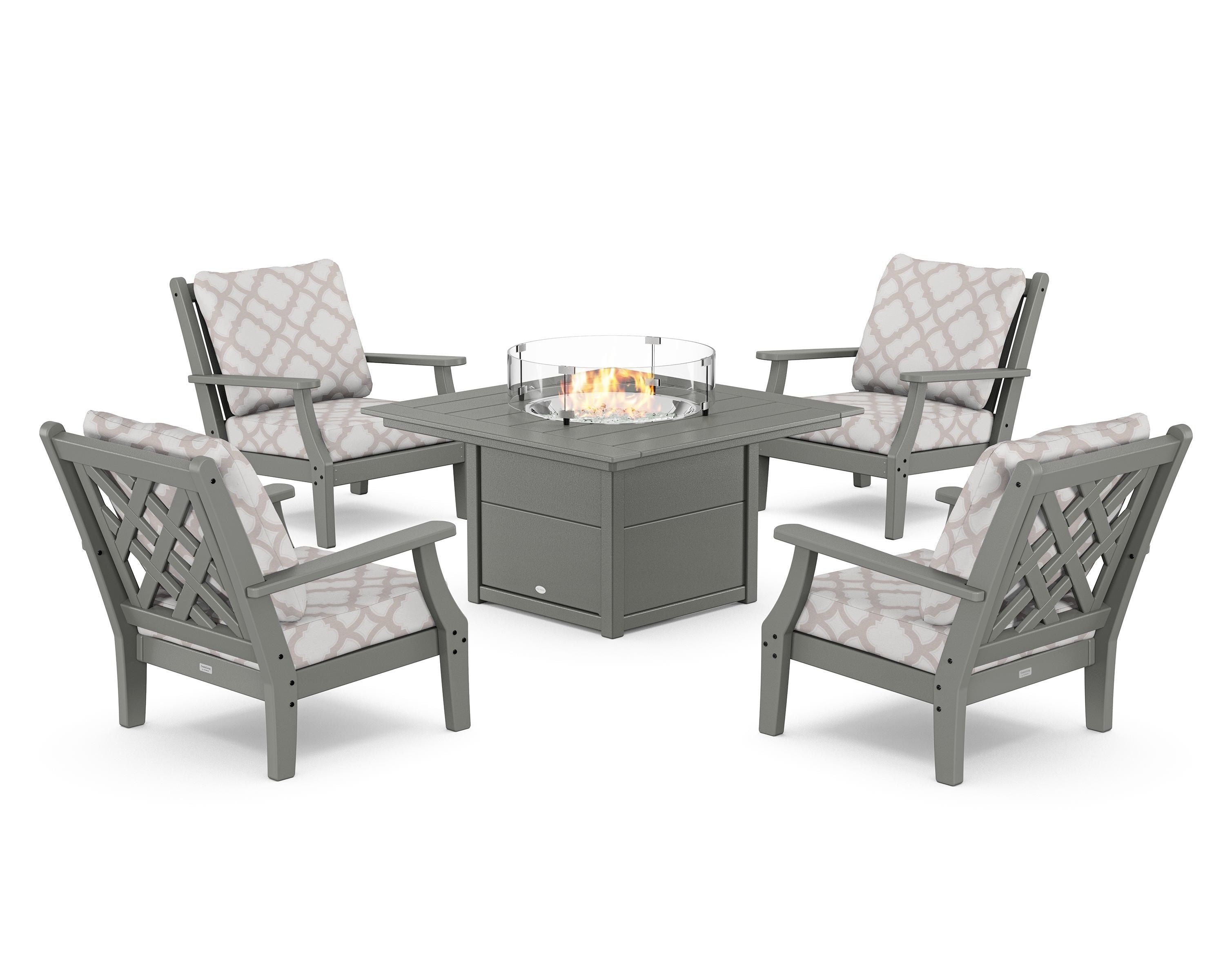 Country Living Wovendale 5-Piece Deep Seating Set with Fire Pit Table in Slate Grey / Trellis Dune Burlap
