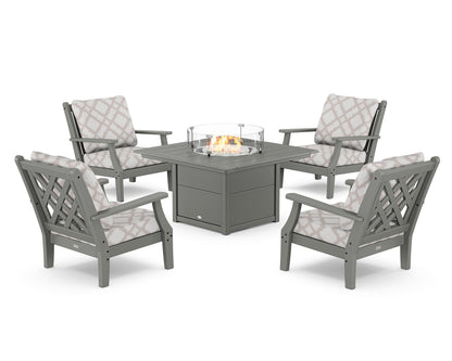 Country Living Wovendale 5-Piece Deep Seating Set with Fire Pit Table in Slate Grey / Trellis Dune Burlap