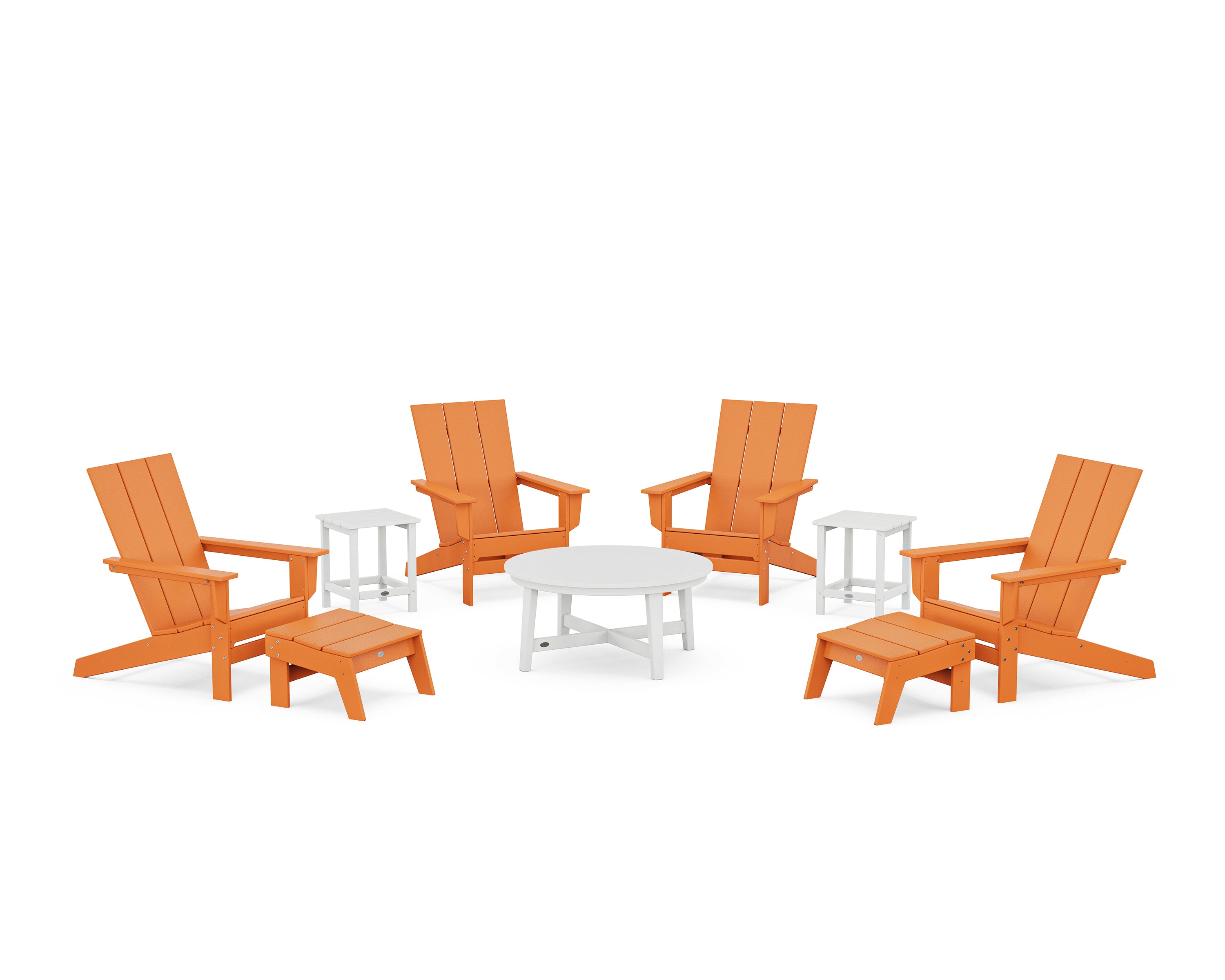 POLYWOOD® Modern Studio Adirondack 9-Piece Conversation Set in Tangerine / White