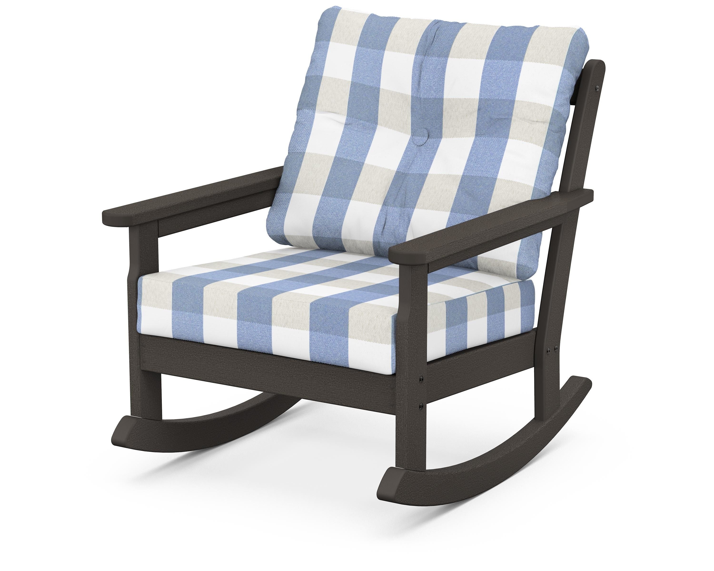 POLYWOOD® Vineyard Deep Seating Rocking Chair in Vintage Coffee / Buffalo Plaid Sky Blue