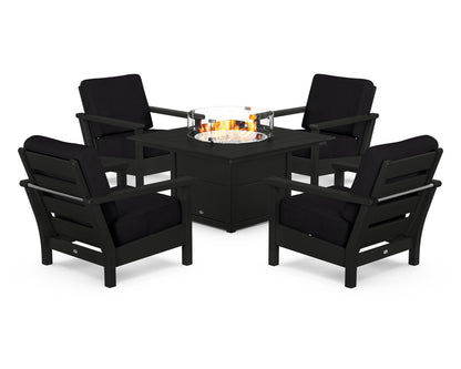 POLYWOOD® Harbour 5-Piece Conversation Set with Fire Pit Table in Black / Midnight Linen