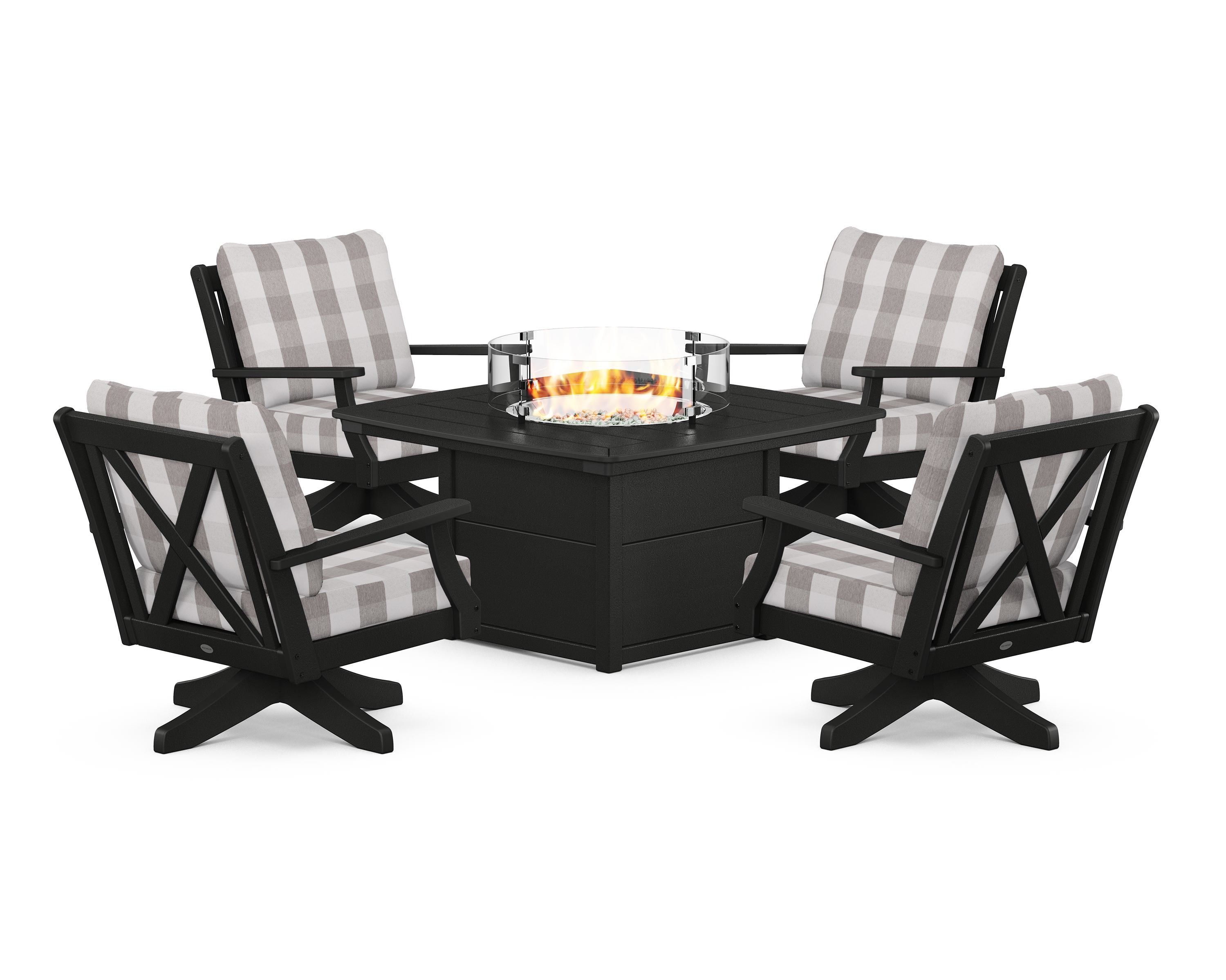 POLYWOOD® Braxton 5-Piece Deep Seating Swivel Conversation Set with Fire Pit Table in Black / Buffalo Plaid Grey Mist