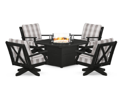 POLYWOOD® Braxton 5-Piece Deep Seating Swivel Conversation Set with Fire Pit Table in Black / Buffalo Plaid Grey Mist