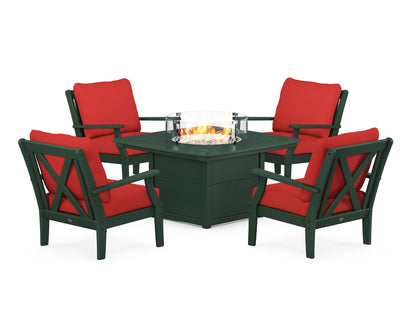 POLYWOOD® Braxton 5-Piece Deep Seating Conversation Set with Fire Pit Table in Green / Crimson Linen