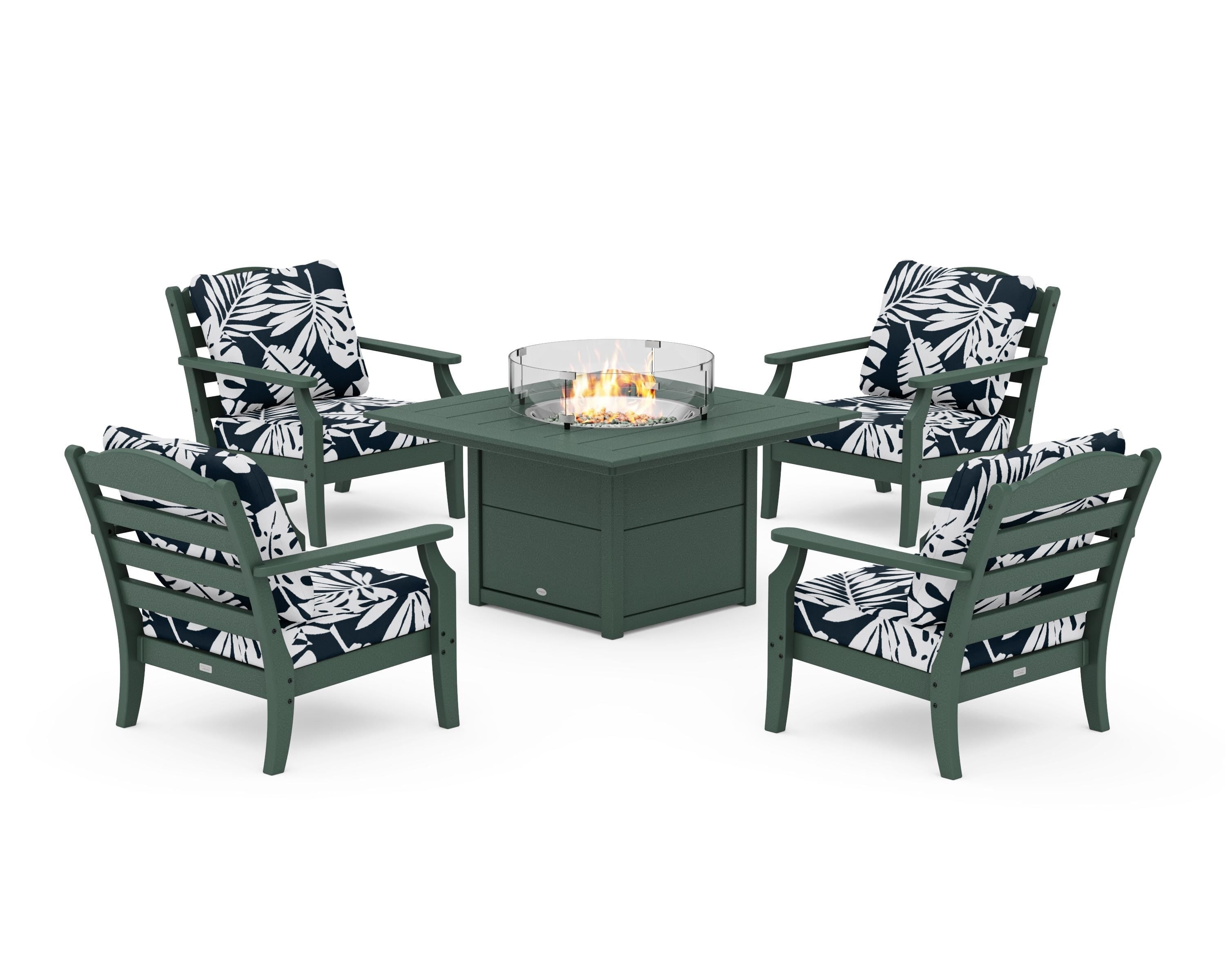 Draper James™ by  POLYWOOD® Savannah 5-Piece Deep Seating Set with Fire Pit Table in Green / Leaf Marine Indigo