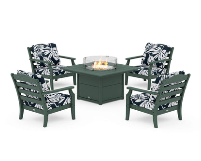 Draper James™ by  POLYWOOD® Savannah 5-Piece Deep Seating Set with Fire Pit Table in Green / Leaf Marine Indigo