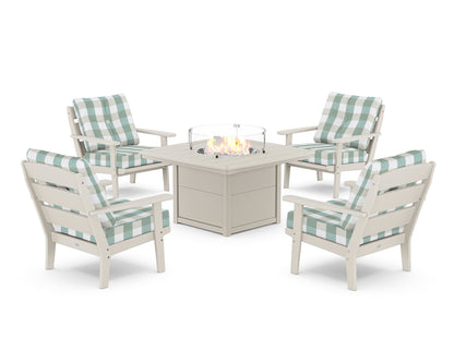 POLYWOOD® Lakeside 5-Piece Deep Seating Set with Nautical Fire Pit Table in Sand / Buffalo Plaid Glacier Spa