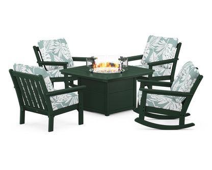 POLYWOOD® Vineyard 5-Piece Deep Seating Rocking Chair Conversation Set with Fire Pit Table in Green / Leaf Glacier Spa