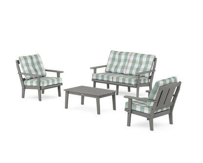 POLYWOOD® Mission 4-Piece Deep Seating Set with Loveseat in Slate Grey / Buffalo Plaid Glacier Spa
