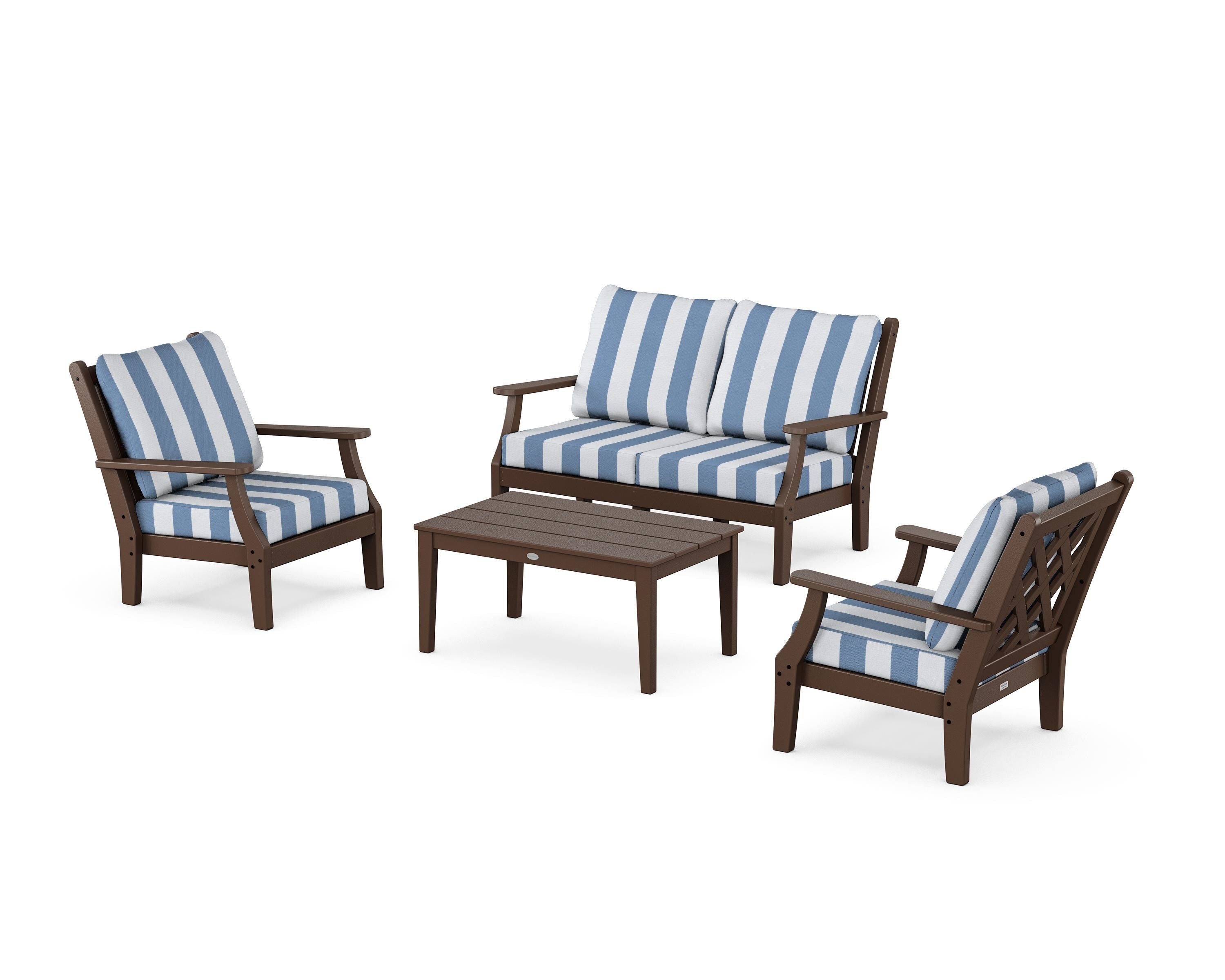 Country Living Wovendale 4-Piece Deep Seating Set with Loveseat in Mahogany / Cabana Stripe Sky Blue