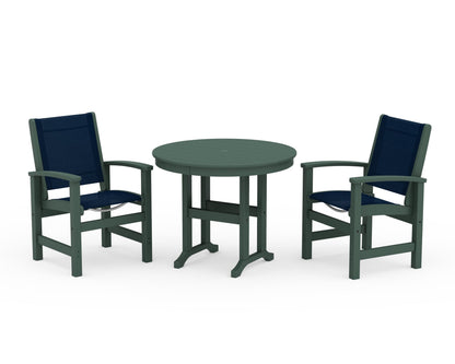 POLYWOOD® Coastal 3-Piece Round Dining Set in Green / Navy Blue Sling