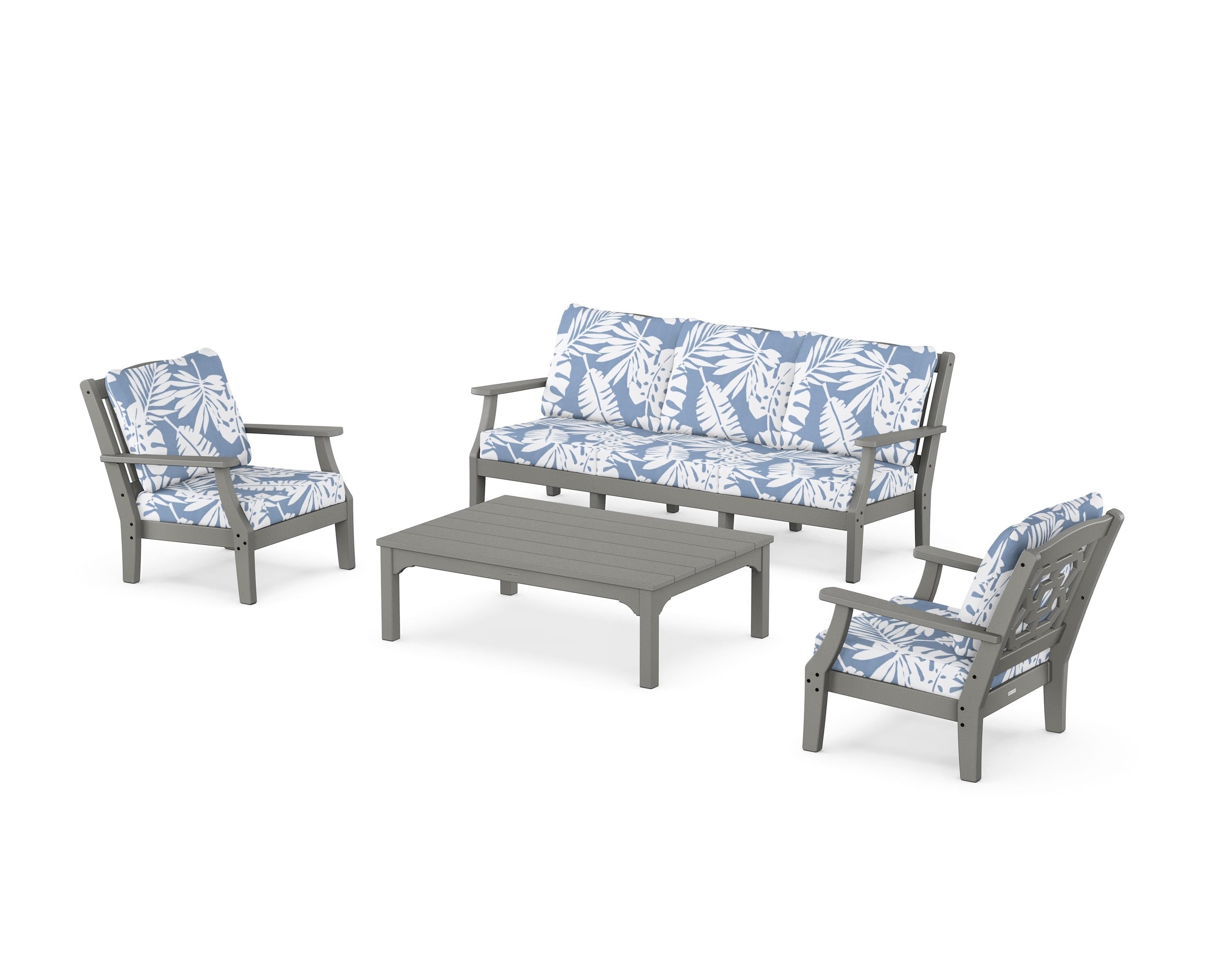 Martha Stewart by POLYWOOD® Chinoiserie 4-Piece Deep Seating Set with Sofa in Slate Grey / Leaf Sky Blue