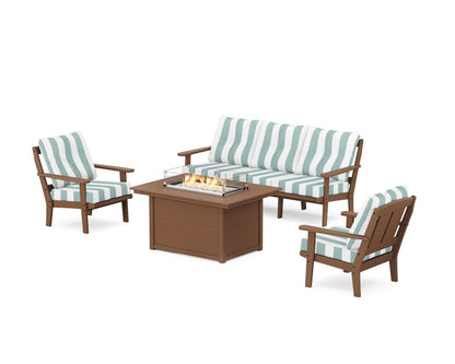 POLYWOOD® Mission Deep Seating Fire Pit Table Set in Teak / Cabana Stripe Glacier Spa