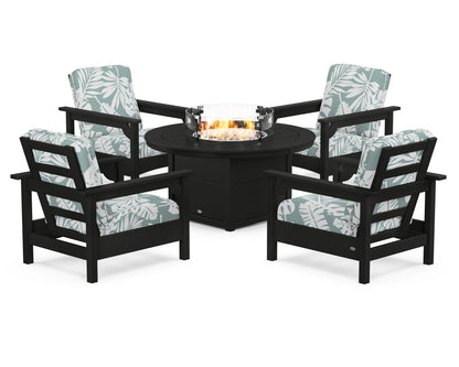 POLYWOOD® Club 5-Piece Conversation Set with Fire Pit Table in Black / Leaf Glacier Spa