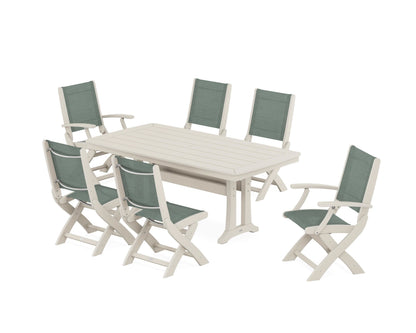 POLYWOOD® Coastal Folding Chair 7-Piece Dining Set with Trestle Legs in Sand / Dupioni Sea Mist Sling