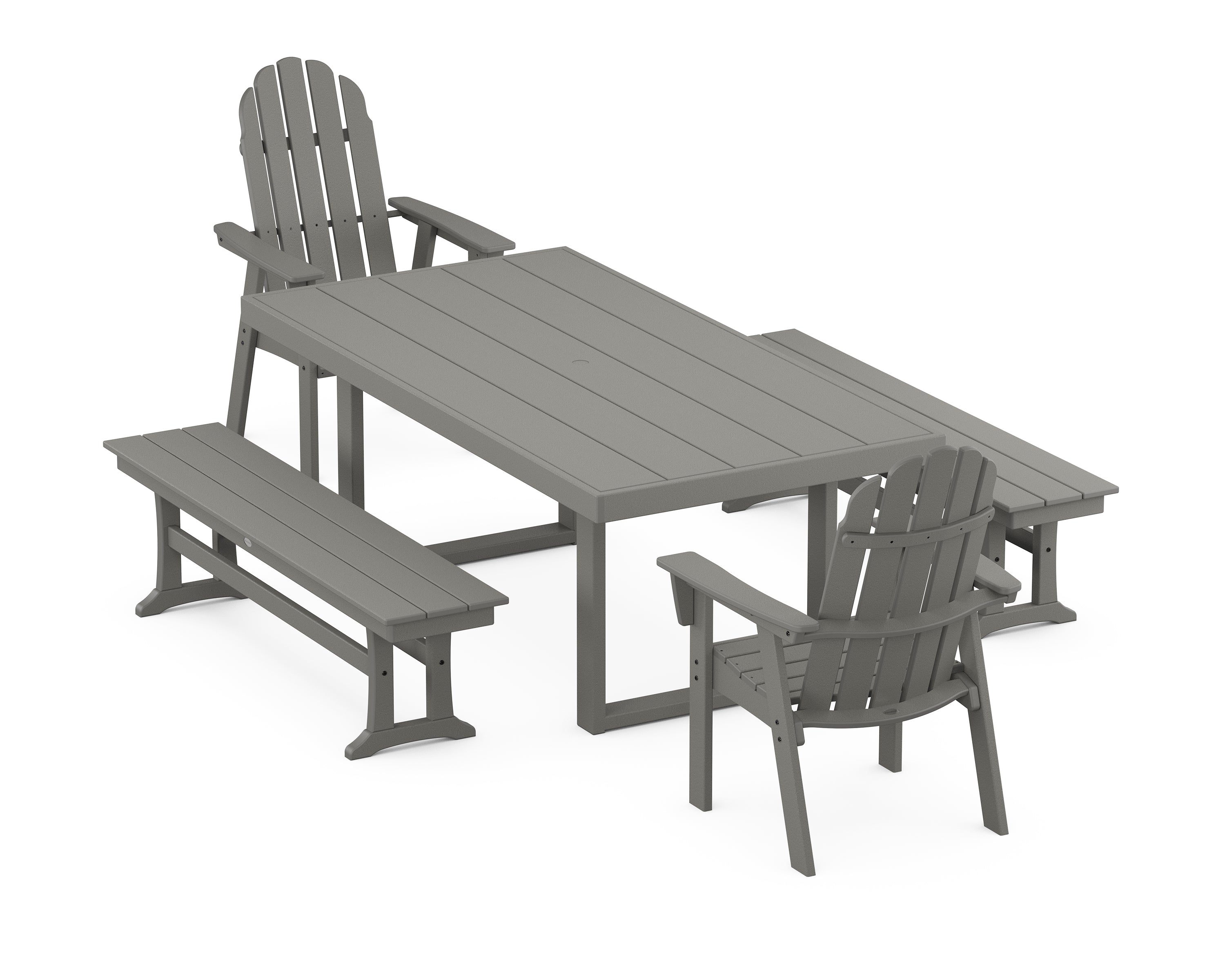 POLYWOOD® Vineyard Adirondack 5-Piece Dining Set with Benches in Slate Grey