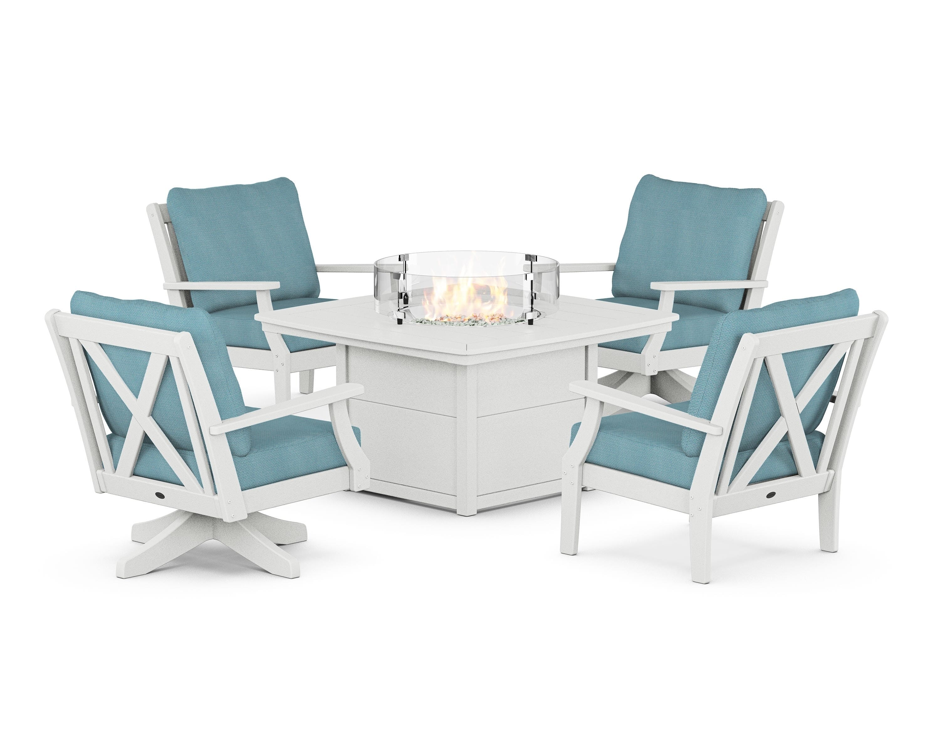 POLYWOOD® Braxton 5-Piece Deep Seating Set with Fire Table in Vintage White / Lattice Sky Blue
