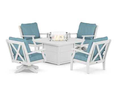 POLYWOOD® Braxton 5-Piece Deep Seating Set with Fire Table in Vintage White / Lattice Sky Blue