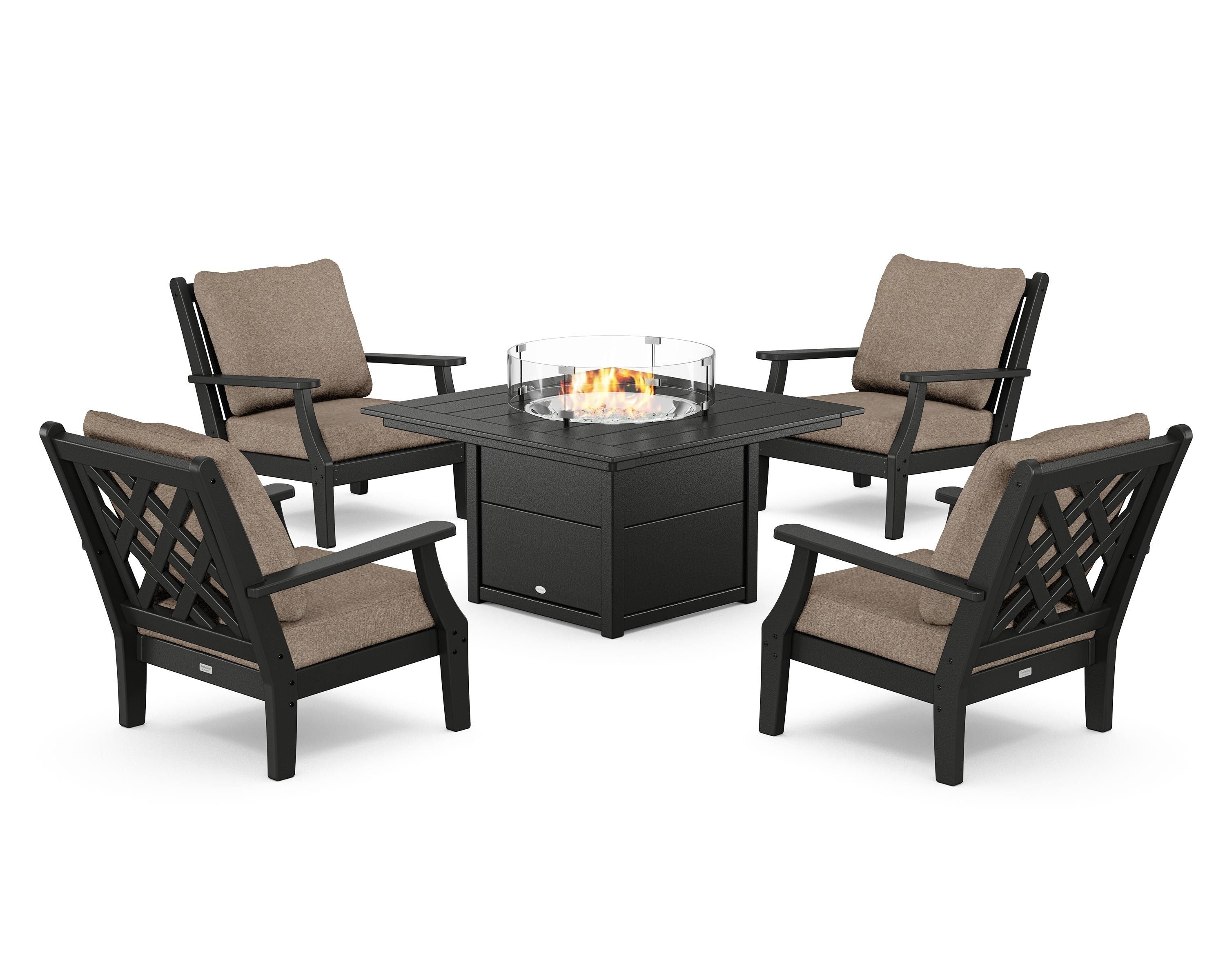 Country Living Wovendale 5-Piece Deep Seating Set with Fire Pit Table in Black / Spiced Burlap