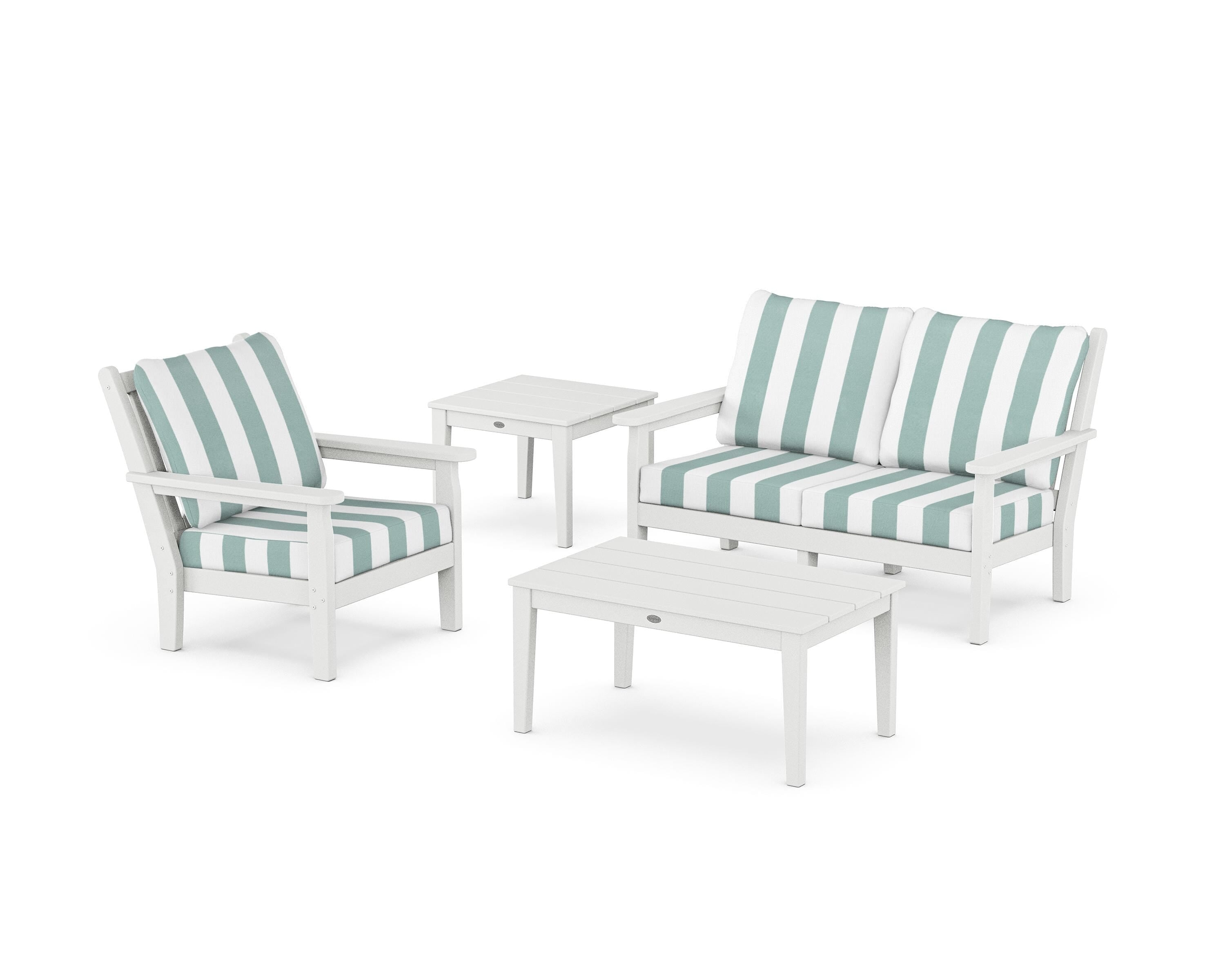 POLYWOOD® Chippendale 4-Piece Deep Seating Set in White / Cabana Stripe Glacier Spa