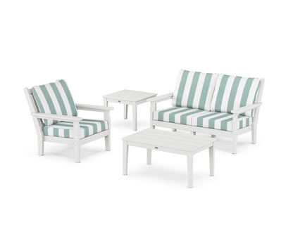 POLYWOOD® Chippendale 4-Piece Deep Seating Set in White / Cabana Stripe Glacier Spa