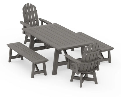 VineyardCurveback Adirondack Swivel Chair 5-Piece Rustic Farmhouse Dining Set With Benches