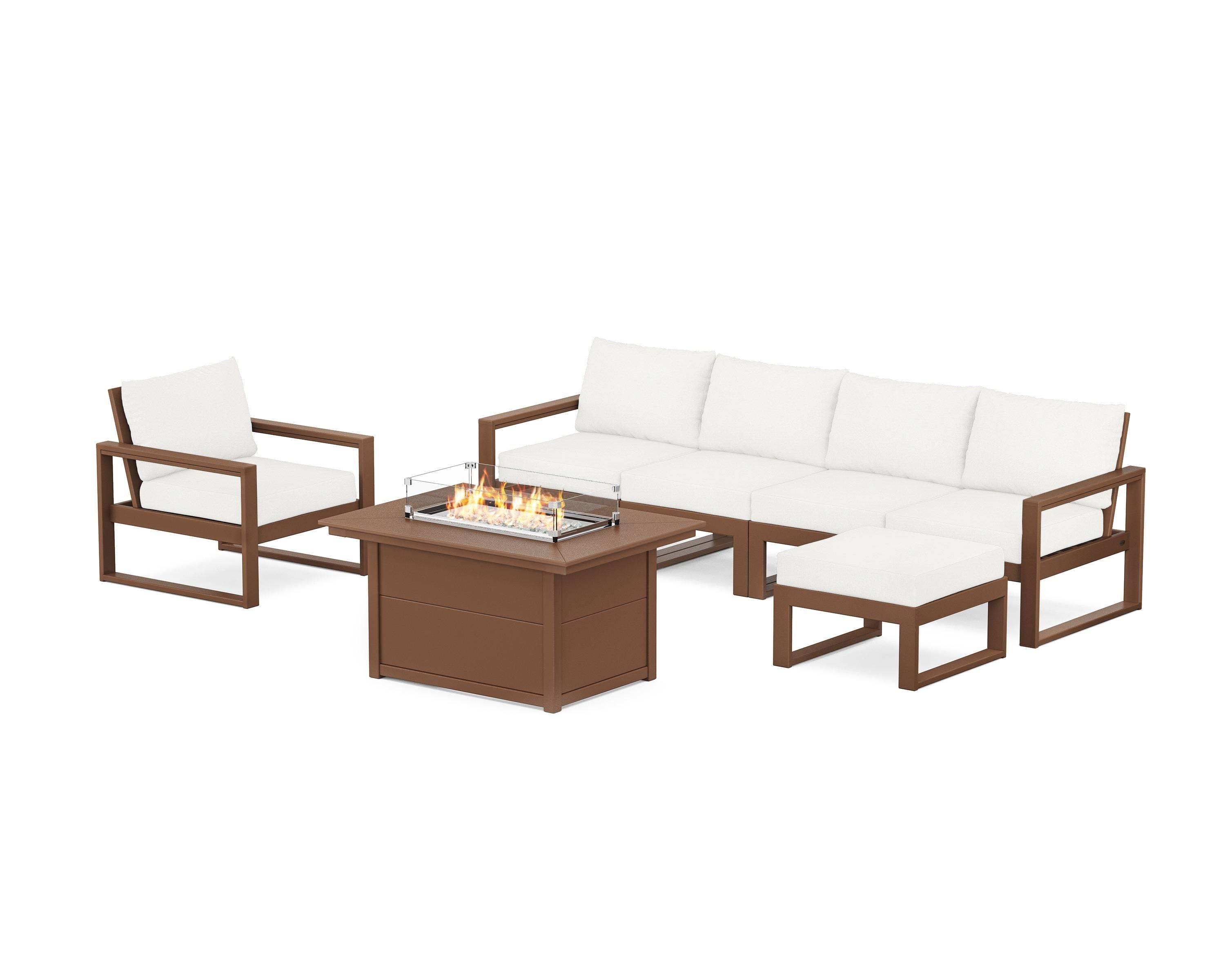 POLYWOOD® EDGE Sectional Lounge and Fire Pit Set in Teak / Natural Linen