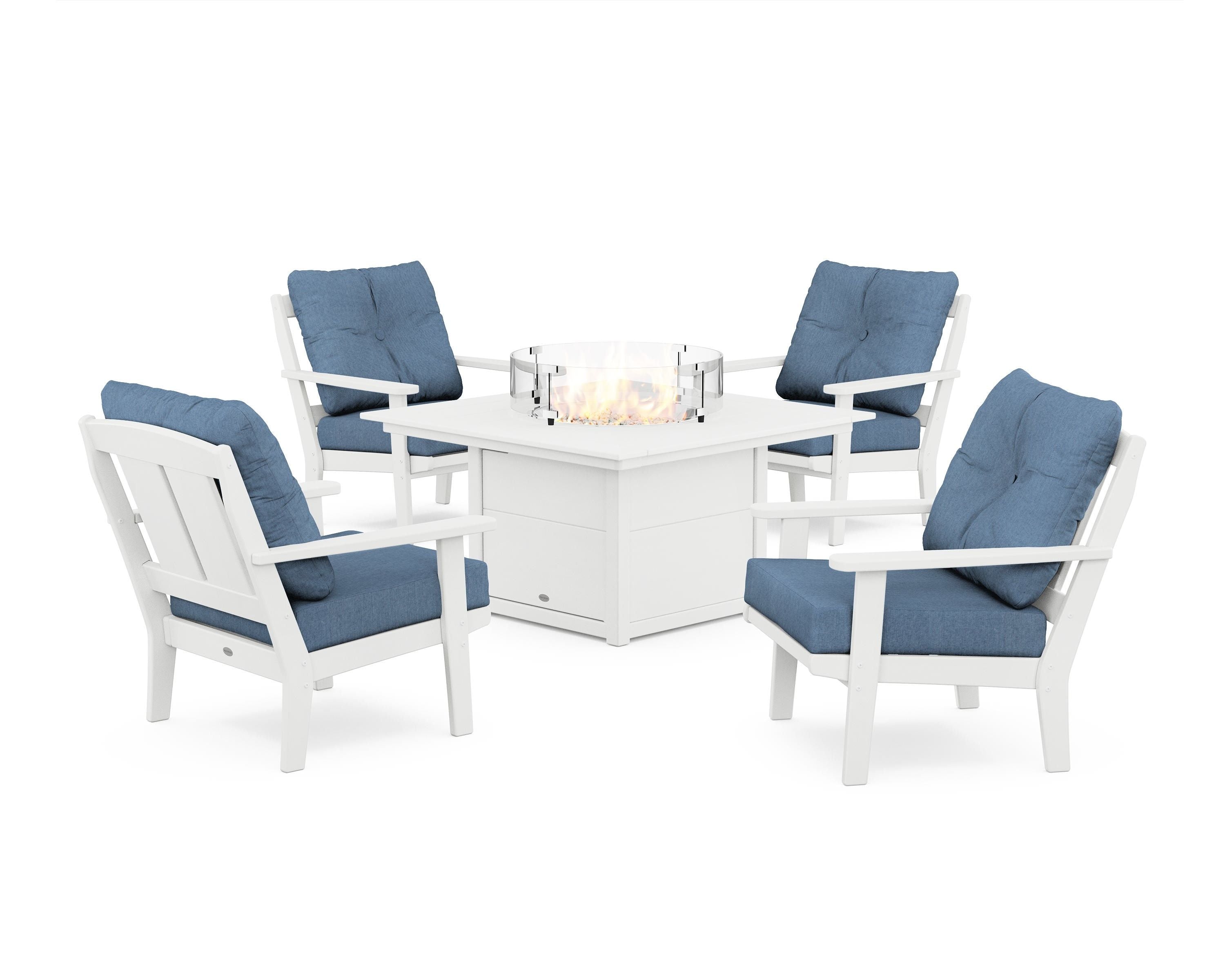 POLYWOOD® Mission 5-Piece Deep Seating Set with Fire Pit Table in White / Sky Blue