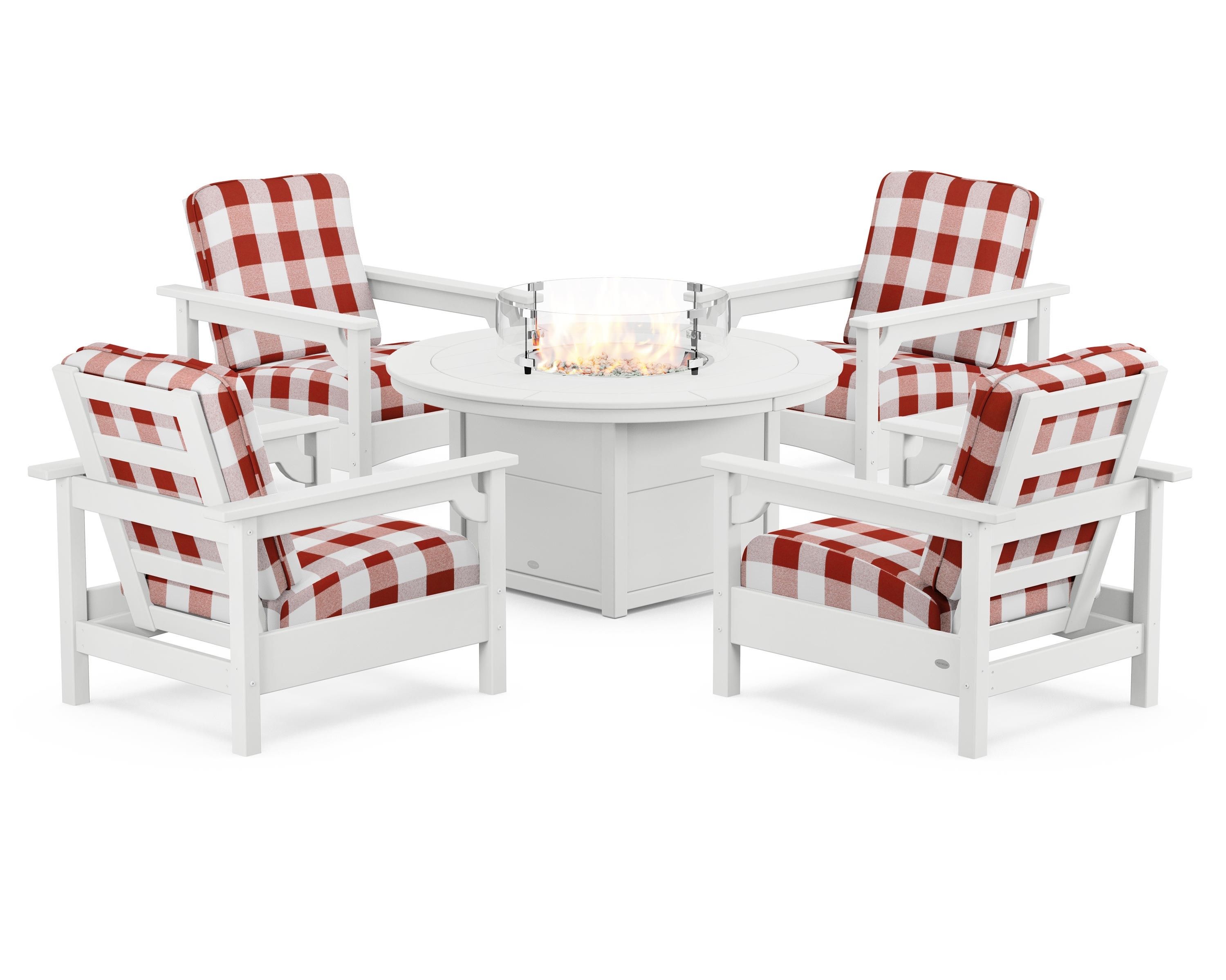 POLYWOOD® Club 5-Piece Conversation Set with Fire Pit Table in White / Buffalo Plaid Crimson