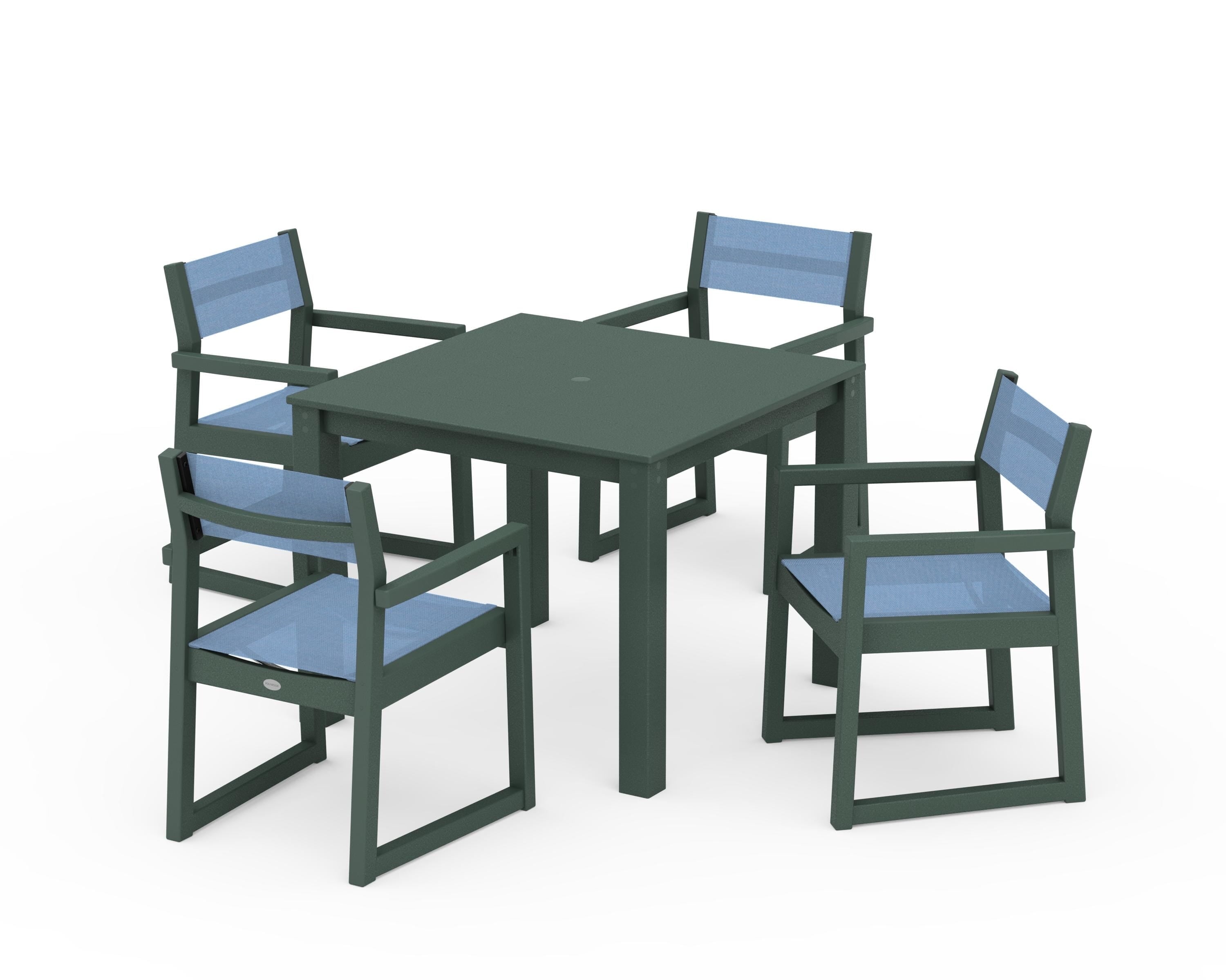 POLYWOOD® EDGE Sling Arm Chair 5-Piece Parsons Dining Set in Green / Poolside Sling