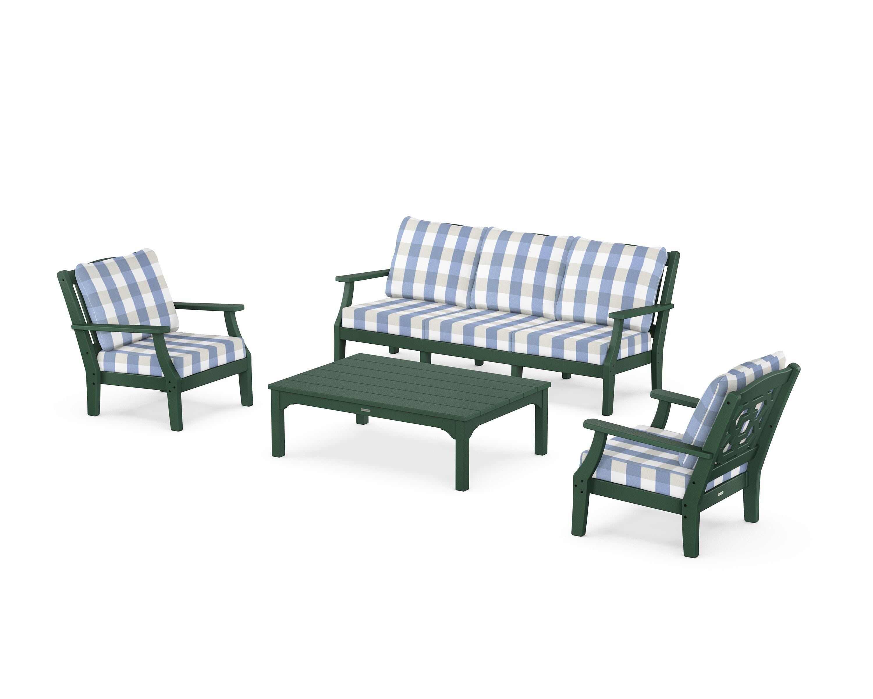 Martha Stewart by POLYWOOD® Chinoiserie 4-Piece Deep Seating Set with Sofa in Green / Buffalo Plaid Sky Blue