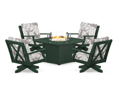 POLYWOOD® Braxton 5-Piece Deep Seating Swivel Conversation Set with Fire Pit Table in Green / Leaf Grey Mist