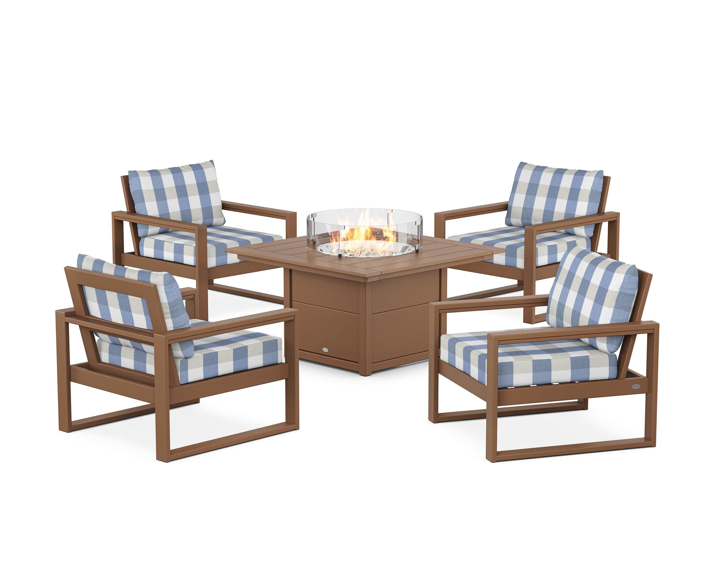 POLYWOOD® EDGE Sectional 5-Piece Deep Seating Set with Fire Pit Table in Teak / Buffalo Plaid Sky Blue