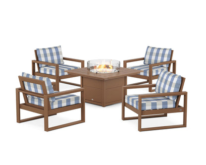 POLYWOOD® EDGE Sectional 5-Piece Deep Seating Set with Fire Pit Table in Teak / Buffalo Plaid Sky Blue