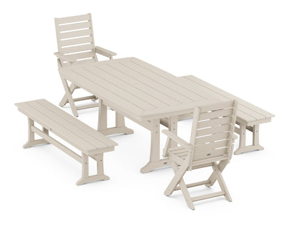 POLYWOOD® Captain Folding Chair 5-Piece Dining Set with Trestle Legs in Sand