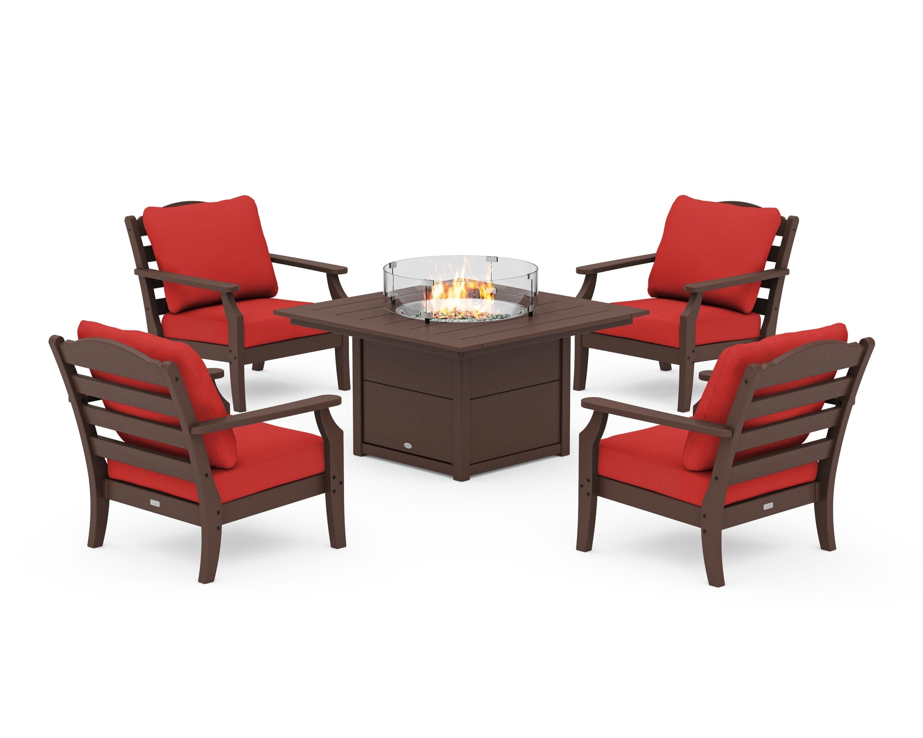 Draper James™ by  POLYWOOD® Savannah 5-Piece Deep Seating Set with Fire Pit Table in Mahogany / Crimson Linen