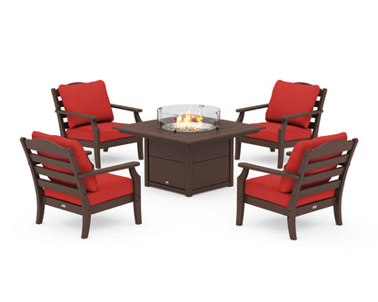 Draper James™ by  POLYWOOD® Savannah 5-Piece Deep Seating Set with Fire Pit Table in Mahogany / Crimson Linen